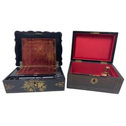 Victorian Coromandel work box with brass stringing, cartouche and escutcheon, L25cm together with a Victorian papier-mâché and abalone shell inlaid writing box (2)
