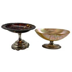 Tortoiseshell sweetmeat dish in the form of a small tazza inlaid with silver pique on a silver pedestal and domed foot D11cm London 1913 Maker Mappin & Webb and a shell dish on silver pedestal 11cm x 7cm Birmingham 1923 Maker Mappin & Webb (2)