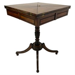 19th century mahogany envelope table, triangular fold-out leaves, the frieze rails with rectangular moulded decoration, on ring turned pedestal with twist baluster, circular platform with reed moulding, four splayed moulded supports with globular feet