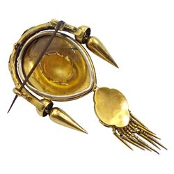 Victorian gold tassel brooch, with beaded, rope and foliate decoration and glazed panel reverse, with a pair of matching pendant earrings