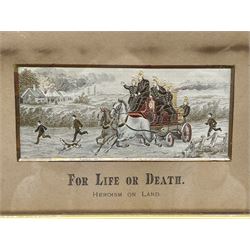 Stevengraph silkwork picture 'For Life or Death' in gilt frame and another 'The Present Time' with Stevengraph advertisement to the reverse, each 6cm x 13cm