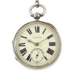 Victorian silver open face English lever fusee pocket watch by George Aaronson, Manchester, No. 202015, cream enamel dial with Roman numerals and subsidiary seconds dial, case by William George Hammon, Birmingham 1895, with silver chain
