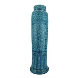 Burmantofts Faience turquoise-glaze grass vase, the slender baluster body incised with flower heads, waves and geometric ground, impressed factory marks beneath, model no. 1397, H41.5cm