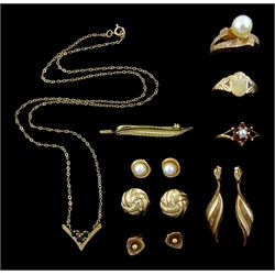 9ct gold jewellery including single stone pearl ring, sapphire wishbone necklace, four pairs of stud earrings, leaf brooch, pearl ring and a signet ring