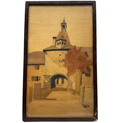 Charles Spindler (French 1865-1938): 'Rothenburg' 'Dambach' and 'St Ursanne', set three framed marquetry pictures signed max 39cm x 24cm (3) 