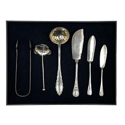 Danish silver sifting spoon 1909 Maker C Holm, another with spiral stem Birmingham 1899, pair of early 19th century silver sugar tongs and three silver butter knives 5.5oz (6)