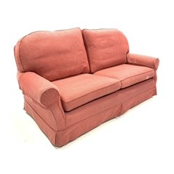  Two seat sofa upholstered in pink loose fabric, W190cm, H85cm, D99cm  