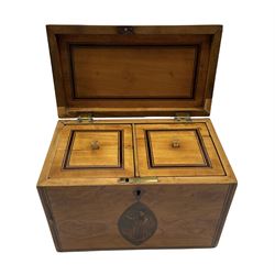 George III satinwood tea caddy with rosewood banding, the front inlaid with a navette shape panel depicting Britannia, the interior with two lidded containers W21cm