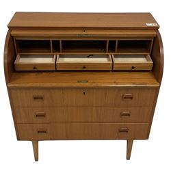 Egon Ostergaard for MSI (Svensk Mobel Industri) - mid-20th century teak Swedish bureau, roll-top enclosing fitted interior with sliding writing surface, over three drawers, on square tapering supports