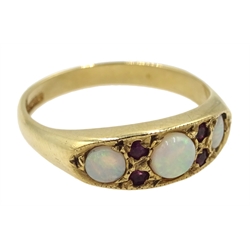 9ct gold three stone opal and four stone ruby ring, hallmarked 