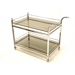 1970s vintage chrome and smoked glass two tier drinks trolley, L87cm (including handles), 75cm x 47cm (excluding handles)