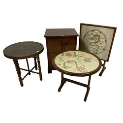 19th century mahogany cabinet, antique firescreen, Benares table and small coffee table (4)