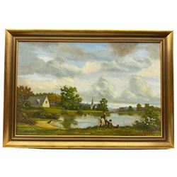 T Herron (British 20th century): Lake Fishing, oil on canvas signed 49cm x 75cm