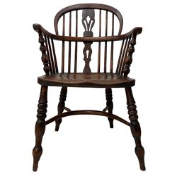 19th century elm and ash Windsor chair, low hoop stick back with pierced splat, dished seat raised on ring turned supports joined by crinoline stretcher