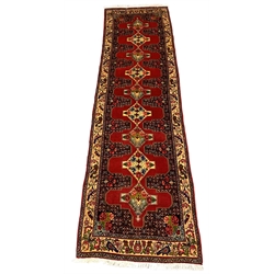 Turkman red ground runner, repeating lozenge medallion, enclosed by border decorated with stylised birds