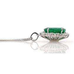 18ct white gold oval emerald and round brilliant cut diamond pendant necklace, emerald approx 3.30 carat, hallmarked