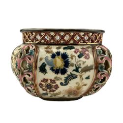 Zsolnay Pecs jardiniere of lobed form with reticulated neck and floral painted decoration, L20cm
