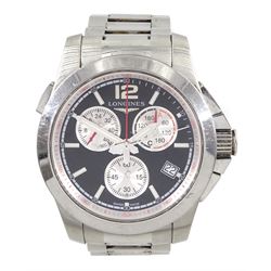 Longines Conquest gentleman's stainless steel quartz chronograph wristwatch, Ref. L3.701.4, on original stainless steel strap