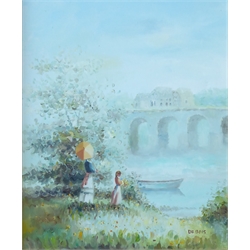  French School (20th century): Figures Beside a River, oil on canvas signed Du Bois 60cm x 50cm  