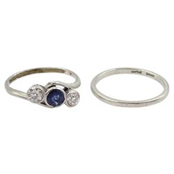 Platinum three stone old cut diamond and sapphire ring, total diamond weight approx 0.40 carat and a platinum wedding band