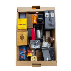 Collection of vintage camera equipment including Kodak Vest Pocket camera, Houghton Mascot box camera, Voigtlander Brilliant camera, various accessories etc