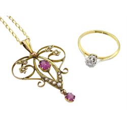 Early 20th century single stone diamond ring, stamped 18ct Plat and an Edwardian 9ct gold pearl and purple stone set pendant, on later necklace chain