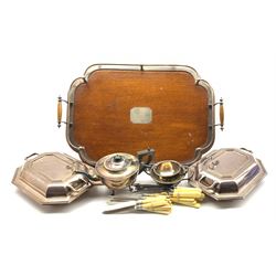 Early 20th century oak twin-handled tray with silver-plated gallery and mounts, L63cm, pair of Mappin & Webb silver-plated entree dishes, three piece silver-plated tea set etc