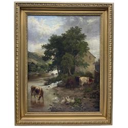 W Hodgson (British 19th century): Highland Cattle and Geese Watering at River, oil on canvas signed and dated 1878, 57cm x 43cm