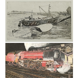 Robert Horne (1923-2010): 'Old Fishing Boat - Walberswick', etching with aquatint signed titled dated '83 and numbered 2/30 in pencil 24cm x 40cm; V Bacci (20th century): 'City of Carlisle' Locomotive 46238, gouache signed, titled '87 verso 21cm x 39cm (2)