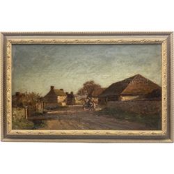 José Weiss (French 1859-1919): Horse and Cart in Rural Village, oil on canvas signed 37cm x 63cm