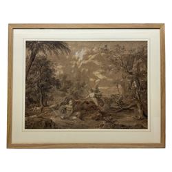 Continental School (18th century): The Angel of the Lord Visits Hagar and Ishmael in the Wilderness, sepia watercolour unsigned 50cm x 70cm