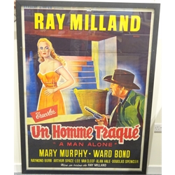 Large colour poster for Herbert Yates film 'Un Homme Traque' (A Man Alone) starring Ray Milland, Mary Murphy and Ward Bond, printed by Richier Laugier 3 Rue Barthelemy Paris with text in French, 154 x 113cm, ebonised frame,  large colour poster for the film 'Millie' starring Julie Andrews, printed by Ets Saint-Martin 30 Rue Pascal Paris with text in French 158 x 120cm, unframed together with framed Evening Standard Original Newspaper Supplement of Arsenal F.C. players 5th September 1970 (2)