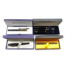 Dunhill fountain pen with brushed metal case with gilt clip and 14ct gold nib, set of three Pierre Farber pens and pencil, Waterman fountain pen and a Waterman ball point pen