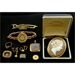 Two 9ct gold manual wind wristwatches, hallmarked, both on gold expanding straps stamped 9ct, pinchbeck cameo broochgold earrings stamped 9c and a collection of Georgian and later jewellery