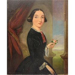 European School (early 19th century): Portrait of a Young Woman in Black Holding a Rose, oil on board unsigned, unframed together with English School (19th century): Portrait of a Gentleman, oil on board unsigned max 30cm x 25cm (2)