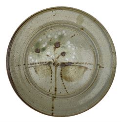 Mick Arnup (1925-2008) studio pottery plate, decorated in muted glaze with abstract floral decoration, signed Arnup, dated (19)98, D27.5cm