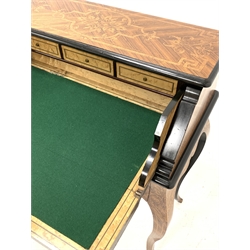 Edwards and Roberts - Late 19th Century kingwood and ebonised Bureau de Dame, slide out fall front drawer revealing birds eye maple interior with three trinket drawers, baize lined writing surface with string inlay, over concealed drawer with shaped apron, raised on slender cabriole supports, with all over inlaid floral marquetry, drawer stamped 'Edwards and Roberts'