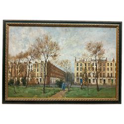 John Alford (British 1929-1960): A Walk in the Park near London Georgian Terraces, oil on board signed and dated '54, 51cm x 77cm
