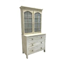 Early 20th century pine bookcase on chest, the associated top with to glazed doors enclosing three adjustable shelves, over three drawers, finished in distressed white paint W90cm, H184cm, D51cm