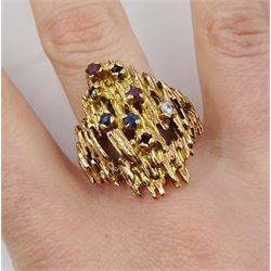 9ct gold stone set bark effect abstract ring, London 1969