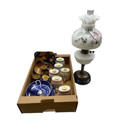 Wade sherry barrels,19th/ early 20th century oil lamp with glass shade, Tunstall pottery, Wedgwood jug etc in one box
