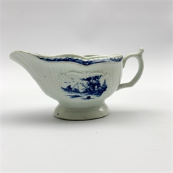 Small Worcester Fisherman and Billboard Island pattern strap fluted sauce boat, painted in blue with two Chinese scenes in the reserved panels, the interior with floral spray and ornament, diaper borders, L14cm 