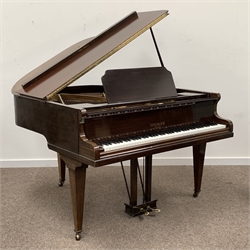 Spencers of London - circa. 1930s mahogany cased baby grand piano, iron framed and over strung, serial number - 87134, on square tapering supports with brass castors, W140cm, D137cm