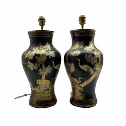 Pair of Oriental design black lacquer baluster table lamps with gilt decoration H46cm excluding fitting