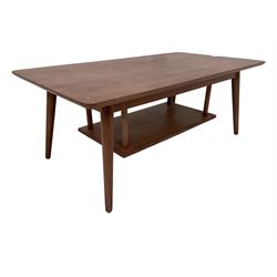 Contemporary coffee table, rectangular top over under-tier, splayed tapering supports
