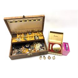 Four early 20th century silver fobs, Stratton cased compact and lipstick cased set together with various costume jewellery in jewellery box