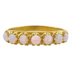 Silver-gilt seven stone opal ring, stamped 925 