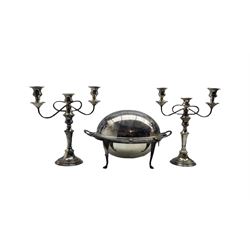 Victorian silver-plated roll top bacon dish, together with a pair of three branch silver-plated candelabra H33cm (3)