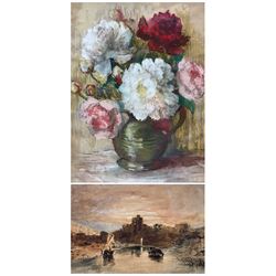 After Joseph Mallord William Turner (British 1775-1851): 'Norham Castle at Sunset', watercolour unsigned; Janitte Dunnett (British 19th/20th century): Still Life of 'Peonies', gouache signed and titled max 37cm x 29cm (2)