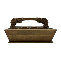 French design carved oak cutlery tray, rectangular tapered from with pierced handle carved with scrolling foliage and flower heads, two divisions W44cm